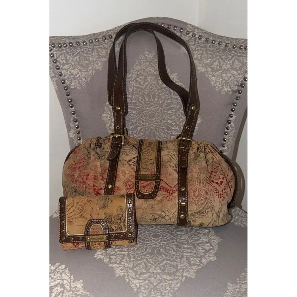 y2k 2000's sharif tapestry studded satchel handbag, wallet and id holder set